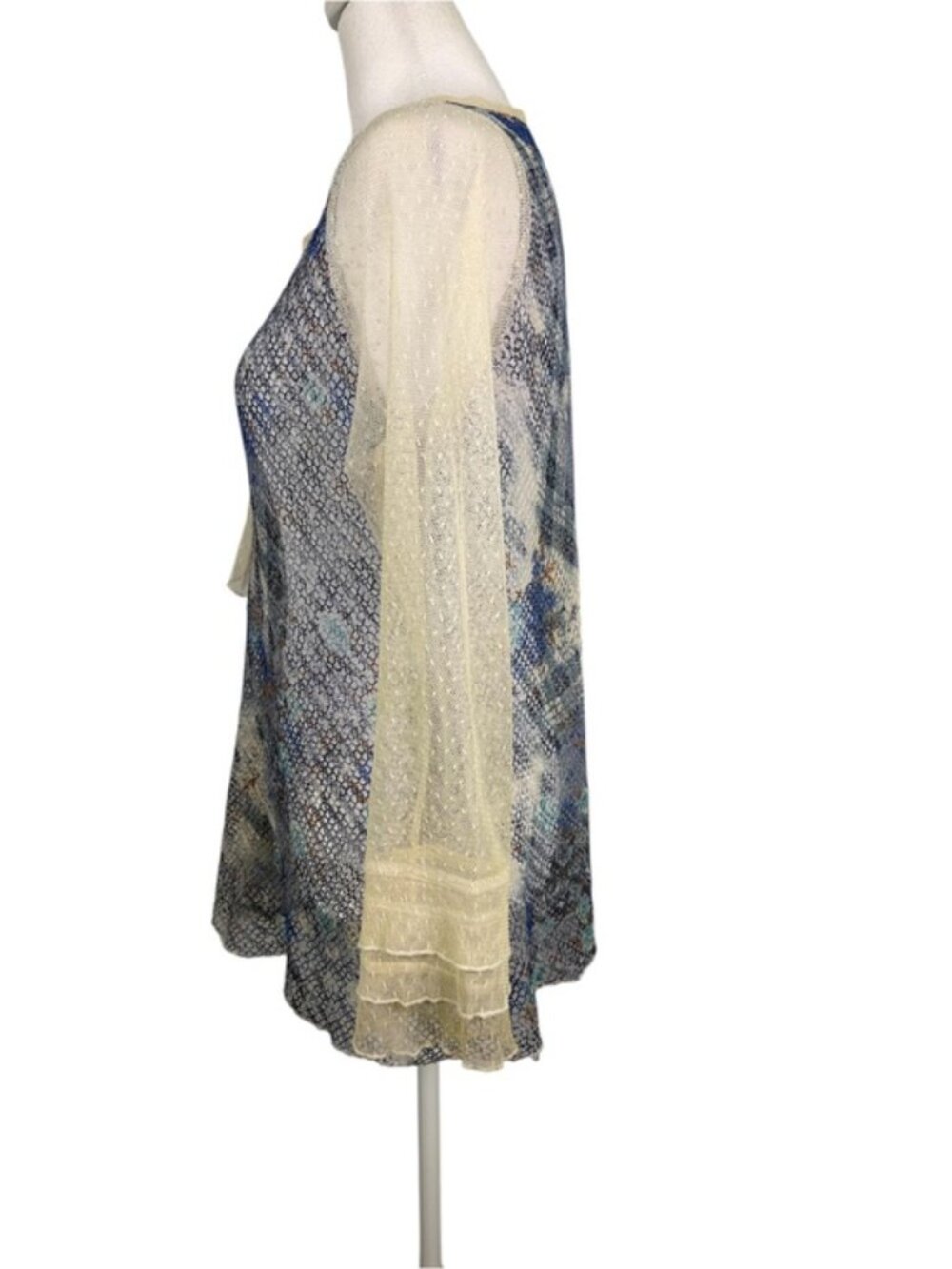 Farinelli Blue Ivory Mesh Ruffle Tunic Top L Boho Lagenlook Artwear - Picture 9 of 11